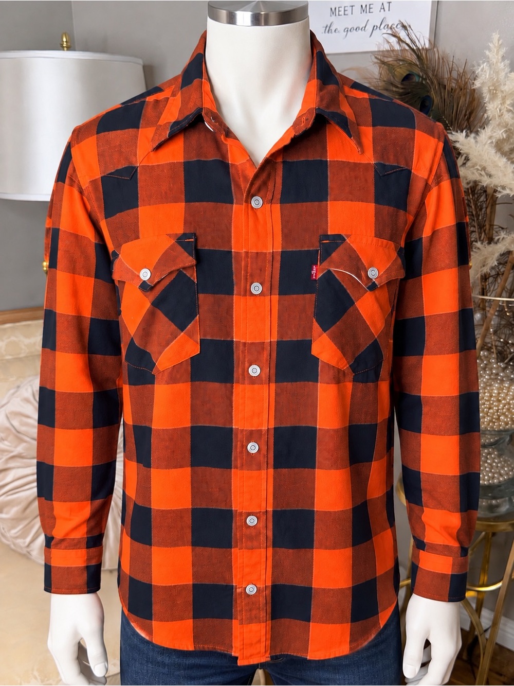 Levi's Orange and Black Buffalo Plaid Button-Down Shirt